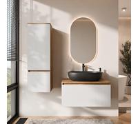 Planetmöbel Arisa - Set di mobili da bagno con mobiletto, 80 cm, colore oro rovere bianco (scanalato) con specchio a LED e mobile alto, lavabo da 60 cm, colore: Nero