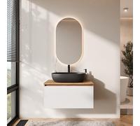 Planetmöbel Arisa - Set di mobili da bagno con mobiletto, 80 cm, colore oro rovere bianco (scanalato) con specchio LED, lavabo 60 cm, colore: nero, con sparsifone per ambienti