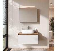 Planetmöbel Arisa - Set di mobili da bagno con mobiletto, 80 cm, colore oro rovere bianco (scanalato) con armadietto a specchio ARIA 55 cm, colore: Bianco