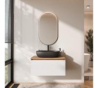 Planetmöbel Arisa - Set di mobili da bagno con mobiletto, 80 cm, colore oro rovere bianco (scanalato) con specchio Glora, lavandino da 60 cm, colore: Nero