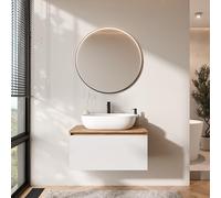 Planetmöbel Arisa - Set di mobili da bagno con mobiletto, 80 cm, colore oro rovere bianco (scanalato) con specchio VELUNA, lavandino da 60 cm, colore: Bianco