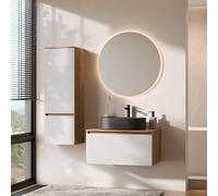 Planetmöbel Arisa - Set di mobili da bagno con mobiletto, 80 cm, colore oro rovere bianco (scanalato) con specchio NOVA e mobiletto alto, lavabo 55 cm, colore: Nero
