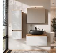 Planetmöbel Arisa - Set di mobili da bagno con mobiletto, 80 cm, colore oro rovere bianco (scanalato) con armadietto a specchio ARIA e mobiletto alto, lavabo da 60 cm, colore: Nero