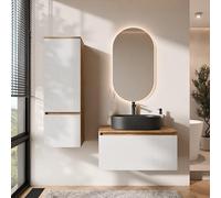 Planetmöbel Arisa - Set di mobili da bagno con mobiletto, 80 cm, colore oro rovere bianco (scanalato) con specchio a LED e mobile alto, lavabo 55 cm, colore: nero, con sparsifone