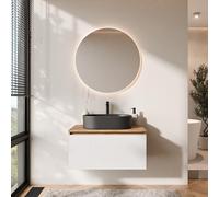 Planetmöbel Arisa - Set di mobili da bagno con mobiletto, 80 cm, colore oro rovere bianco (scanalato) con specchio NOVA, lavandino 55 cm, colore: Nero