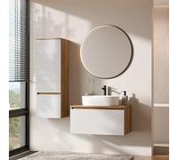 Planetmöbel Arisa - Set di mobili da bagno con mobiletto, 80 cm, colore oro rovere bianco (scanalato) con specchio VELUNA e mobiletto alto, lavabo 55 cm, colore: Bianco
