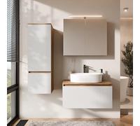 Planetmöbel Arisa - Set di mobili da bagno con mobiletto, 80 cm, colore oro rovere bianco (scanalato) con armadietto a specchio ARIA e mobiletto alto, lavabo 55 cm, colore: Bianco