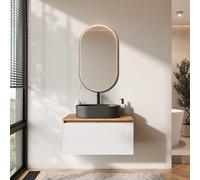 Planetmöbel Arisa - Set di mobili da bagno con mobiletto, 80 cm, colore oro rovere bianco (scanalato), con specchio Glora, lavandino 55 cm, colore: Nero