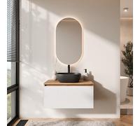 Planetmöbel Arisa - Set di mobili da bagno con mobiletto, 80 cm, colore oro rovere bianco (scanalato) con specchio LED, lavabo 42 cm, colore: nero, con sparsifone per ambienti