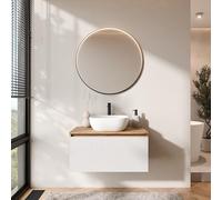 Planetmöbel Arisa - Set di mobili da bagno con mobiletto, 80 cm, colore oro rovere bianco (scanalato) con specchio VELUNA, lavabo da 42 cm, colore: Bianco