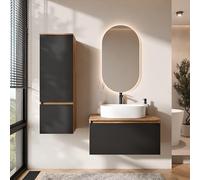 Planetmöbel Arisa - Set di mobili da bagno con mobiletto, 80 cm, colore oro rovere nero, con specchio a LED e mobiletto alto, 55 cm, colore: Bianco
