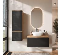 Planetmöbel Arisa - Set di mobili da bagno con mobiletto, 80 cm, colore oro rovere nero, con specchio a LED e mobiletto alto, 42 cm, colore: Bianco