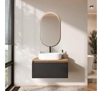 Planetmöbel Arisa - Set di mobili da bagno con mobiletto, 80 cm, colore oro rovere nero, con specchio Glora, 55 cm, colore: Bianco