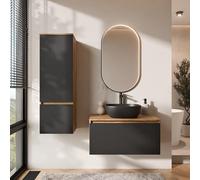 Planetmöbel Arisa - Set di mobili da bagno con mobiletto, 80 cm, colore oro rovere nero (scanalato), con specchio Glora e mobile alto, lavabo 42 cm, colore: Nero