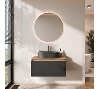 Planetmöbel Arisa - Set di mobili da bagno con mobiletto, 80 cm, colore oro rovere nero (scanalato) con specchio NOVA, lavandino 55 cm, colore: Nero