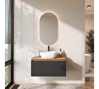 Planetmöbel Arisa - Set di mobili da bagno con mobiletto, 80 cm, colore oro rovere nero (scanalato) con specchio a LED, lavabo 42 cm, colore: bianco, con parsifone