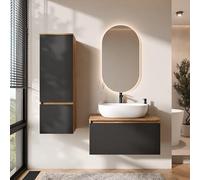 Planetmöbel Arisa - Set di mobili da bagno con mobiletto, 80 cm, colore oro rovere nero (scanalato) con specchio a LED e mobile alto, lavabo da 60 cm, colore: Bianco