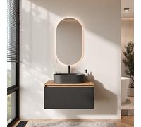 Planetmöbel Arisa - Set di mobili da bagno con mobiletto, 80 cm, colore oro rovere nero (scanalato) con specchio LED, lavabo 55 cm, colore: nero, con sparsifone per ambienti