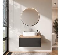 Planetmöbel Arisa - Set di mobili da bagno con mobiletto, 80 cm, colore oro rovere nero (scanalato) con specchio VELUNA, lavandino da 55 cm, colore: Bianco