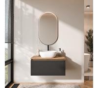 Planetmöbel Arisa - Set di mobili da bagno con mobiletto, 80 cm, colore oro rovere nero (scanalato), con specchio Glora, lavabo 42 cm, colore: Bianco