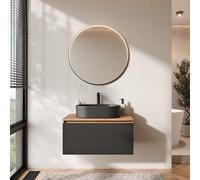 Planetmöbel Arisa - Set di mobili da bagno con mobiletto, 80 cm, colore oro rovere nero (scanalato) con specchio VELUNA, lavandino da 55 cm, colore: Nero