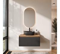 Planetmöbel Arisa - Set di mobili da bagno con mobiletto, 80 cm, colore oro rovere nero (scanalato) con specchio a LED, lavabo 42 cm, colore: nero, con sparsifone