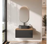 Planetmöbel Arisa - Set di mobili da bagno con mobiletto, 80 cm, colore oro rovere nero (scanalato), con specchio Glora, lavandino 55 cm, colore: Nero