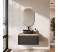 Planetmöbel Arisa - Set di mobili da bagno con mobiletto, 80 cm, colore oro rovere nero (scanalato) con specchio Glora, lavabo 42 cm, colore: nero, con sparsifone per ambienti