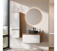 Planetmöbel Arisa - Set di mobili da bagno con mobiletto da 80 cm, colore oro rovere bianco, con specchio NOVA e mobiletto alto, 55 cm, colore: Nero