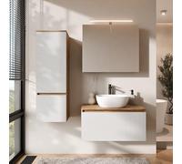 Planetmöbel Arisa - Set di mobili da bagno con mobiletto da 80 cm, colore oro rovere bianco (scanalato) con armadietto a specchio ARIA e mobiletto alto, lavabo 42 cm, colore: Bianco