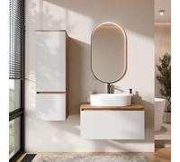 Planetmöbel Arisa - Set di mobili da bagno con mobiletto da 80 cm, colore oro rovere bianco (scanalato) con specchio Glora e mobile alto, lavabo 55 cm, colore: bianco, con sparsifone