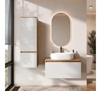 Planetmöbel Arisa - Set di mobili da bagno con mobiletto da 80 cm, colore oro rovere bianco (scanalato) con specchio a LED e mobile alto, lavabo 55 cm, colore: Bianco