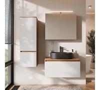 Planetmöbel Arisa - Set di mobili da bagno con mobiletto da 80 cm, colore oro rovere bianco (scanalato) con armadietto a specchio ARIA e mobiletto alto, lavabo 55 cm, colore: Nero