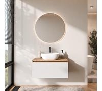 Planetmöbel Arisa - Set di mobili da bagno con mobiletto da 80 cm, colore oro rovere bianco (scanalato) con specchio NOVA, lavabo da 42 cm, colore: Bianco