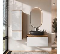 Planetmöbel Arisa - Set di mobili da bagno con mobiletto da 80 cm, colore oro rovere bianco (scanalato) con specchio Glora e mobile alto, lavabo da 60 cm, colore: Nero