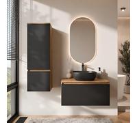 Planetmöbel Arisa - Set di mobili da bagno con mobiletto da 80 cm, colore oro, rovere nero, con specchio a LED e mobiletto alto, 42 cm, colore: Nero