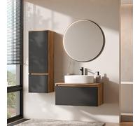 Planetmöbel Arisa - Set di mobili da bagno con mobiletto da 80 cm, colore oro rovere nero, con specchio VELUNA e armadio alto, 55 cm, colore: Bianco