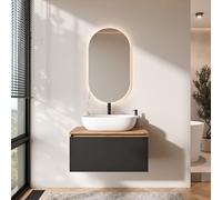 Planetmöbel Arisa - Set di mobili da bagno con mobiletto da 80 cm, colore oro rovere nero, con specchio a LED, 60 cm, colore: Bianco