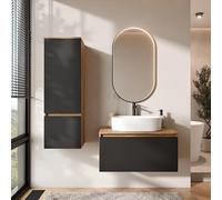 Planetmöbel Arisa - Set di mobili da bagno con mobiletto da 80 cm, colore oro rovere nero, con specchio Glora e armadietto alto, 55 cm, colore: Bianco