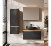 Planetmöbel Arisa - Set di mobili da bagno con mobiletto da 80 cm, colore oro rovere nero (scanalato), con armadietto a specchio ARIA e mobiletto alto, lavabo 42 cm, colore: Nero