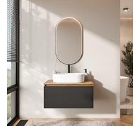 Planetmöbel Arisa - Set di mobili da bagno con mobiletto da 80 cm, colore oro rovere nero (scanalato) con specchio Glora, lavandino 55 cm, colore: Bianco