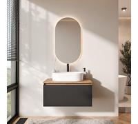 Planetmöbel Arisa - Set di mobili da bagno con mobiletto da 80 cm, colore oro rovere nero (scanalato) con specchio LED, lavabo 55 cm, colore: bianco, con parsifone