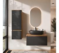 Planetmöbel Arisa - Set di mobili da bagno con mobiletto da 80 cm, colore oro rovere nero (scanalato) con specchio a LED e mobile alto, lavabo da 60 cm, colore: Nero