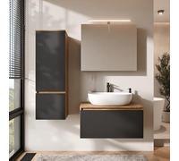 Planetmöbel Arisa - Set di mobili da bagno con mobiletto da 80 cm, colore oro rovere nero (scanalato), con armadietto a specchio ARIA e mobiletto alto, lavabo 60 cm, colore: Bianco