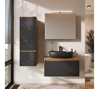 Planetmöbel Arisa - Set di mobili da bagno con mobiletto da 80 cm, colore oro rovere nero (scanalato) con armadietto a specchio ARIA e mobiletto alto, lavabo da 60 cm, colore: Nero