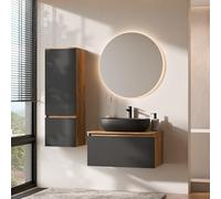 Planetmöbel Arisa - Set di mobili da bagno con mobiletto da 80 cm, colore oro rovere nero (scanalato) con specchio NOVA e mobiletto alto, lavabo 55 cm, colore: Nero