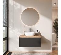 Planetmöbel Arisa - Set di mobili da bagno con mobiletto da 80 cm, colore oro rovere nero (scanalato) con specchio NOVA, lavabo da 42 cm, colore: Bianco