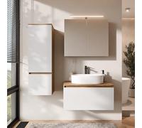 Planetmöbel Arisa - Set di mobili da bagno con mobiletto da 80 cm, in rovere dorato, con armadietto a specchio ARIA e mobiletto alto, 55 cm, colore: Bianco