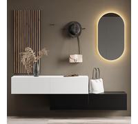 Planetmöbel Armadio per mobili da corridoio, 2 x 140 cm, colore nero/bianco, pannello da parete 50 cm, color quercia/antracite con specchio da 50 cm (senza LED), appendiabiti da parete 32,5 x 140 x