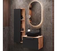 Planetmöbel Astra Set mobili bagno con mobile sottolavabo 60 cm, 1 armadio laterale rovere dorato antracite, lavabo da appoggio 42 cm nero, specchio (con LED) 50 cm